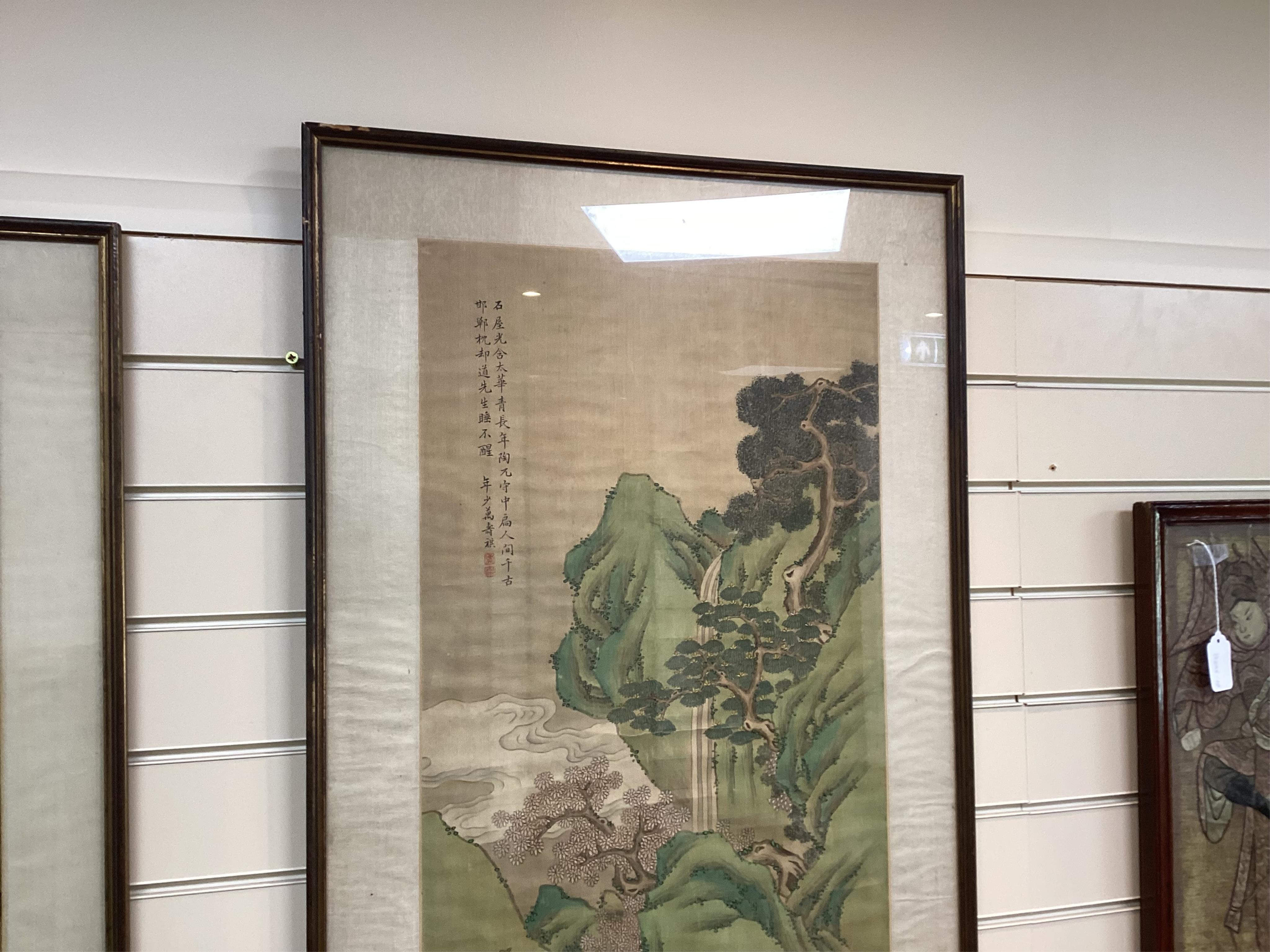 Chinese School , (late 19th century), Immortals in a landscape, Ink and colour on silk, 114.5cm x 40.5cm, excluding brocade border